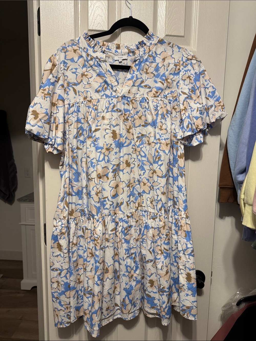Floral Tiered Mini Dress in Blue & Cream